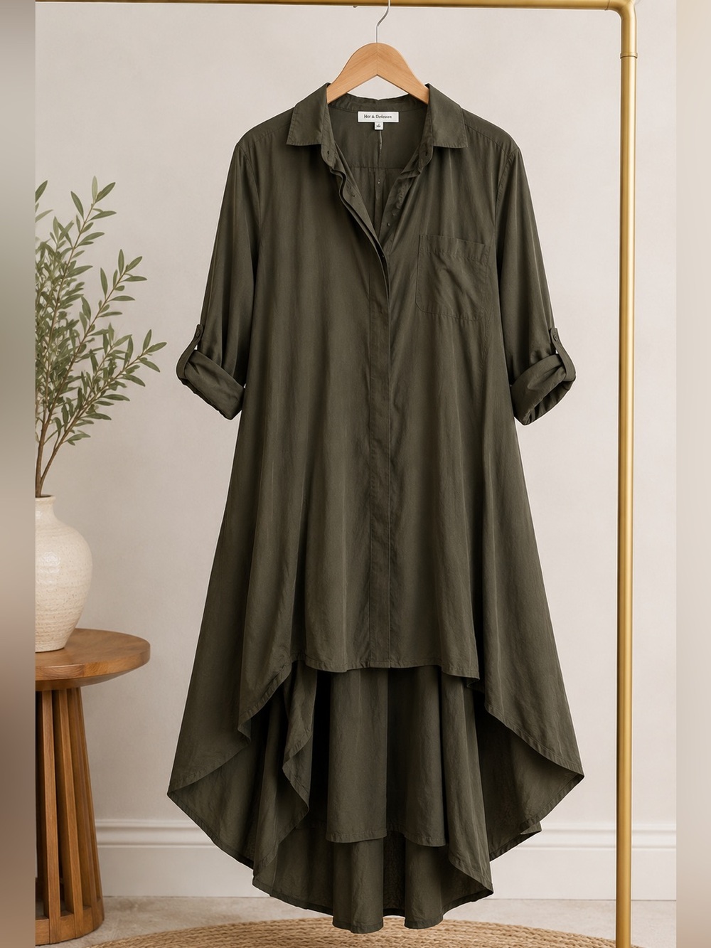 Olive Green New Asymmetrical High-Low Dress with Notched Collar
